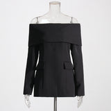Retro Wind Autumn 2025 New One-Word Collar Long Sleeve Closed Waist Solid Color Medium Long Buckle Small Suit Jacket