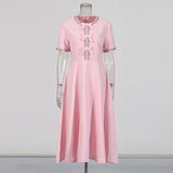 Dress Spring And Autumn Premium Sense 2025 New Diamond Round-Neck Collage Bow Fashion Design Feeling Waist Long