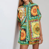 2025 New Women's Clothing Set Fashion Print Collar Short Sleeve Shirt Shorts Casual