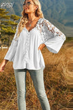 Hollow Out Crochet Lace Shirt 2023 Fashion Women Tops Solid V-neck Shirts Flare Sleeve Loose Blouse Casual Blusas