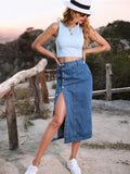 Side Slit Buttoned Denim Midi Skir- Outfit