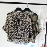 Two Piece Set Leopard Chiffon Shirts Summer Half Sleeve Loose V-Neck Women Casual Blouse Sexy Casual Striped Tops