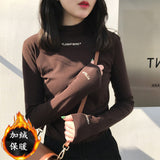 Zingj Spring 2024 Half Turtleneck Jacket Bottom Shirt Women's Letters Embroidered Slim Students Solid Color And Velvet Long Sleeve T-Shirt