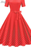 Dot Vintage Dress Women Summer Elegant Short Sleeve Square Collar A-Line Midi Party Sundress 50s 60s Vestidos Plus
