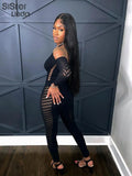 Sheer Diamonds Sexy Hollow Jumpsuits Women Long Sleeve Off Shoulder Skinny Workout Female Midnight Party