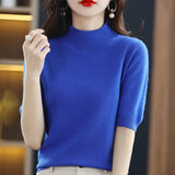 Zingj And Summer Loose And Versatile Wool Knit Short Sleeve Women Plus-Size Round-Neck Solid Color Bottom Knit T-Shirt Thin-Outfit