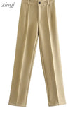 Waist Zipper Pants Chic Office Lady Casual Pantalon for Women Vintage Female Trousers 2023 Solid Straight Women's