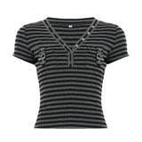 Work Style Fashion Pocket Spliced V-Neck Chicken Eye Decoration Hottie Open Umbilly T-Shirt