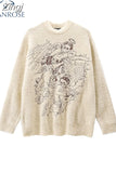 Autumn Winter Women's Harajuku O-neck Print Sweater Casual Loose Basic Oversize Jumper Vintage Knitted Sweaters Women