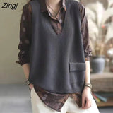 Vest Women V-neck Solid Pockets Loose All-match Autumn Fashion Korean Casual Свитер Женский Retro Simple Knitwear