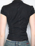 Hottie Wind Depth V Collar Striped Shirt Two Buckle Cardigan Waist Type Short-Sleeved Commuting Base