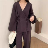 2025 New Fashion Retro Lazy Knitted Set Women's Cardigan Jacket Wide Leg Pants Two