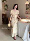 Xixi 13 Lines 2025 Summer New Elegant Temperament Printing Pure Desire High-Waist Short-Sleeved Dress