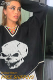 Skulls Blue Knitted Sweaters for Women Fashion Winter Tops Oversized Jumper V Neck Long Sleeve Pullovers Halloween