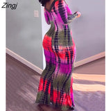 Summer Holiday Beach Sexy Boho Dress Off Shoulder Abstract Print Mermaid Dress Long Sleeve Casual Maxi Bodycon Dress