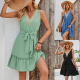 New Women's Wear 2025 Fashion Fresh Air Pure Color V-Neck Sleeveless Lace Waist