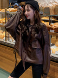 Spring Short Oversized Brown Soft Light Faux Leather Jacket Women Long Sleeve Black Loose Autumn Korean fashion