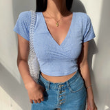 Zingj Floral Cross V-Neck Slim Short Crop Short-Sleeve T-Shirt Women's Top 2024 Summer New