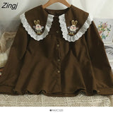 Embroidered Flowers Shirt Women Korean Peter Pan Collar Lolita Blouses Elegant Long Sleeve Single Breasted Blusas