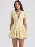 High-End Women's New Sexy Deep V Short-Sleeved Floral Dress Sweet Temperament Fluffy Holiday Dress