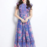 Elegant Dress 2025 New Retro Lace To Receive Waist Temperament Print Lotus Leaf Side Long Dress