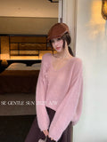 Xixi 2025 Autumn New White Standard Loose Long-Sleeved V-Neck Knitted Shirt Ma Hai Wool Women