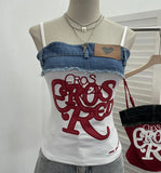 Design-Sensitive Edge Denim Spliced Letter Embroidered Sling Sling Vest T-Girls Short Top