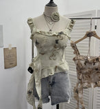 Shoot French Retro Irregular Lotus With Chest Cushions With Ribbon Sling Vest Summer Chiffon Top