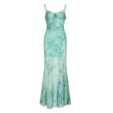 Chinese Chinese Light Green Shoulder Butterfly Print Fishtail Sling Skirt Sexy Hip Through Mesh
