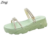 New Fashion Beaded Solid Color Women Sandals Beaded Thick Sole Flat Strap Summer Modern Slippers Student Ladies