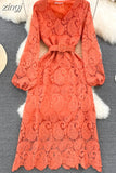 Autumn Red/Yellow/Purple/Blue Hollow Out Embroidered Long Dress Women Vintage V-Neck Puff Sleeve Party Maxi Vestidos