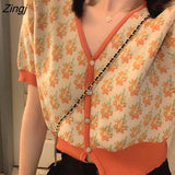 Women Floral Knitting V-neck Vintage All-match Short Female Clothing Thin Single Breasted Crop Sweater Elegant
