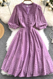 Women Green/Orange/White Hollow Out Midi Dress Elegant V-Neck Puff Short Sleeve High Waist Party Robe Female Vestido