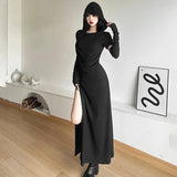 Zingj New Autumn Sexy Hot Girl Wind High Collar Slit Music Festival Niche Shoulder Show Thin Dress-Outfit