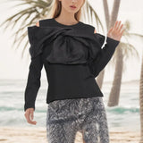 Zingj 2024 New Splice Bow Small Design Sense Black Long-Sleeved T-Shirt Female Careful Machine Off The Shoulder