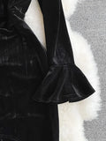 Women Black Mesh Patchwork Velvet Party Dress Elegant Stand Collar Flare Long Sleeve Ruffle Mermaid Robe Female 2023