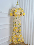 High-End Elegant Heavy Industry Flower Embroidery Round Collar Lantern Sleeves To Close The Waist Slim Slimmed Fishtail Dress