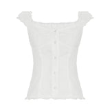 Girl Age-Sensitive French Retro Checkered Low-Chest Shoulder Short-Sleeved T-Shirts Single-Breasted Buckle Thin