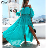 Long Dress Women Off Shoulder Chiffon Dress Lace-up Solid Color Ruffle Beachwear