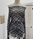 Lattice Mesh Long-Sleeved T-Shirt Irregularly Drifted Y2k Oblique Shoulder Short Top