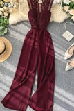 Women Hollow Out Lace Romper Female Black/Yellow/Red Round Neck Sleeveless High Waist Patchwork Wide Leg Jumpsuits
