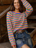 New Rainbow Striped Sweater Knitted Retro Round Long Sleeves