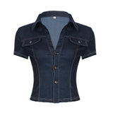 Style Personality Hottie Work Clothes Imitation Denim Shirt V-Word Collar Three Buckle Cardigan Casual