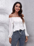 Neck Women Blouse White Black Off Shoulder Bandage Shirt Spring Summer Slim Lantern Sleeve Solid