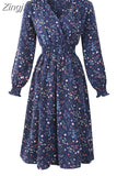 Women Vintage Floral Print A-Line Party Dress Spring Summer Elegant Long Sleeve Elastic Waist Chiffon Boho Beach Sundress