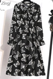 Women Shirt Dress Casual Spring Autumn Vintage Floral Print Bow Long Sleeve Elegant Office A-line Midi Dress
