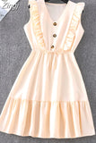 Women Summer Fashion Solid V Neck Ruffles Sleeve Elegant Party Dresses Vintage Beach Sundress Streetwear
