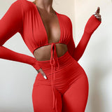Summer Women's Sexy Umbilly Tying With Hollow Long Sleeves Of