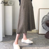 Plaid Woolen Skirt Women Long Elegant Houndstooth Tassel Pleated Skirt Female Harajuku High Waist Loose Midi Skirt