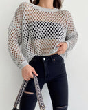 Spring And Summer New Knitted Shirt Horn Sleeve Loose Round Collar Hollow Sweater
